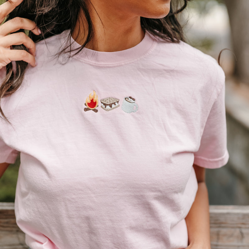 Embroidered Short Sleeve Comfort Colors Tee - Cozy Campfire Trio