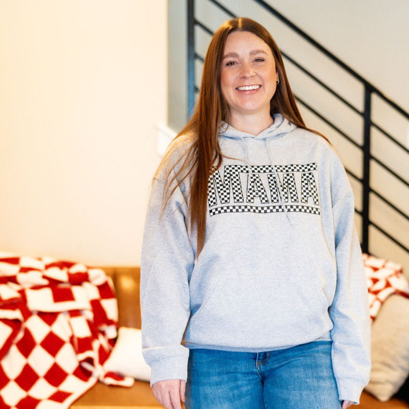 Checkerboard Mama - Gray BASIC Fleece Adult HOODIE Little Mama Shirt Shop LLC