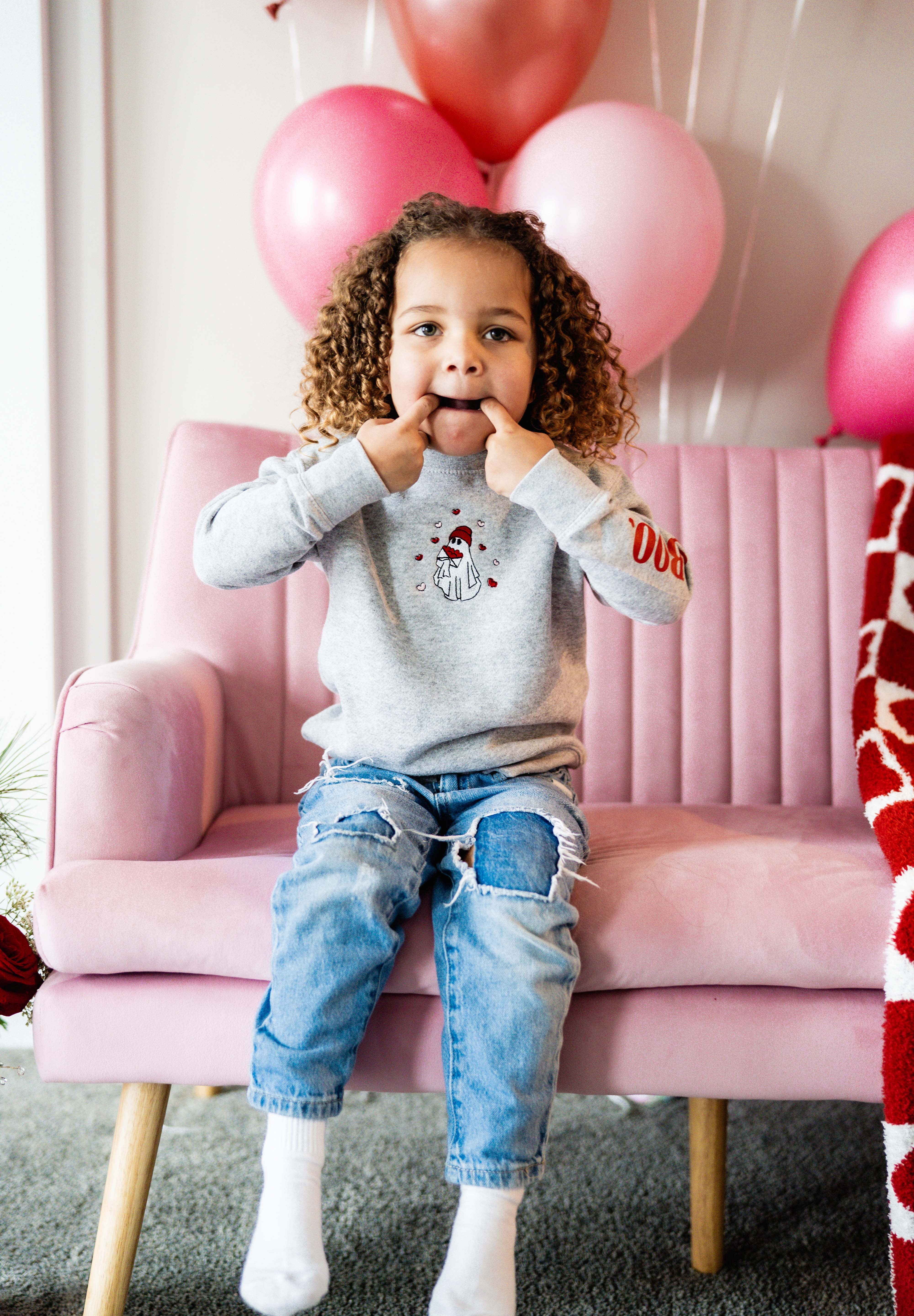 Embroidered/Printed (center&sd) - Hey Boo (Valentine Ghost) - Child Sweater Little Mama Shirt Shop