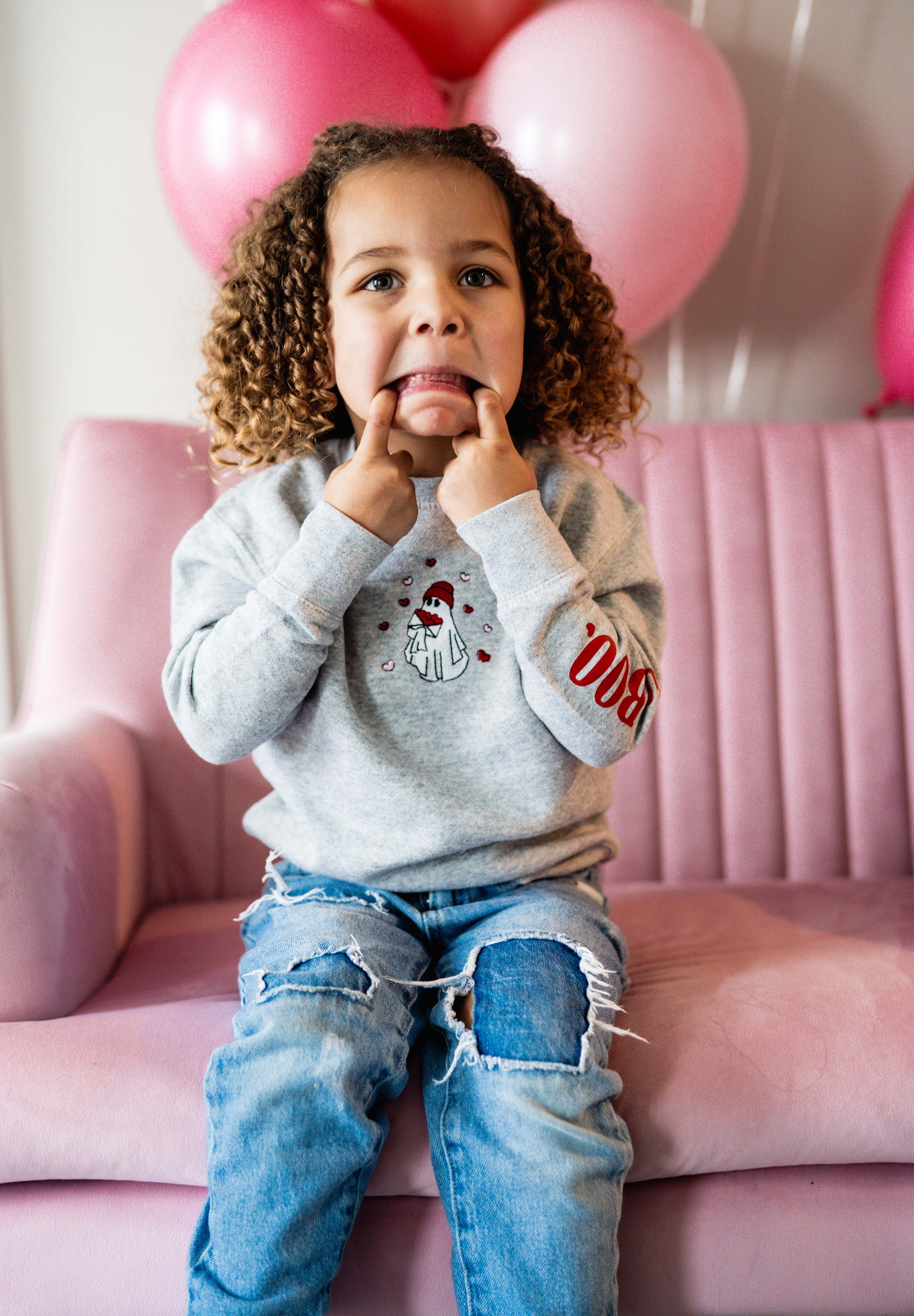 Embroidered/Printed (center&sd) - Hey Boo (Valentine Ghost) - Child Sweater Little Mama Shirt Shop