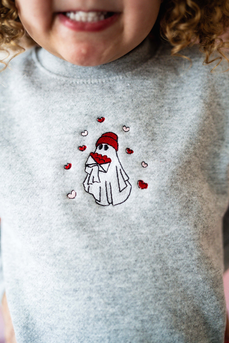 Embroidered/Printed (center&sd) - Hey Boo (Valentine Ghost) - Child Sweater