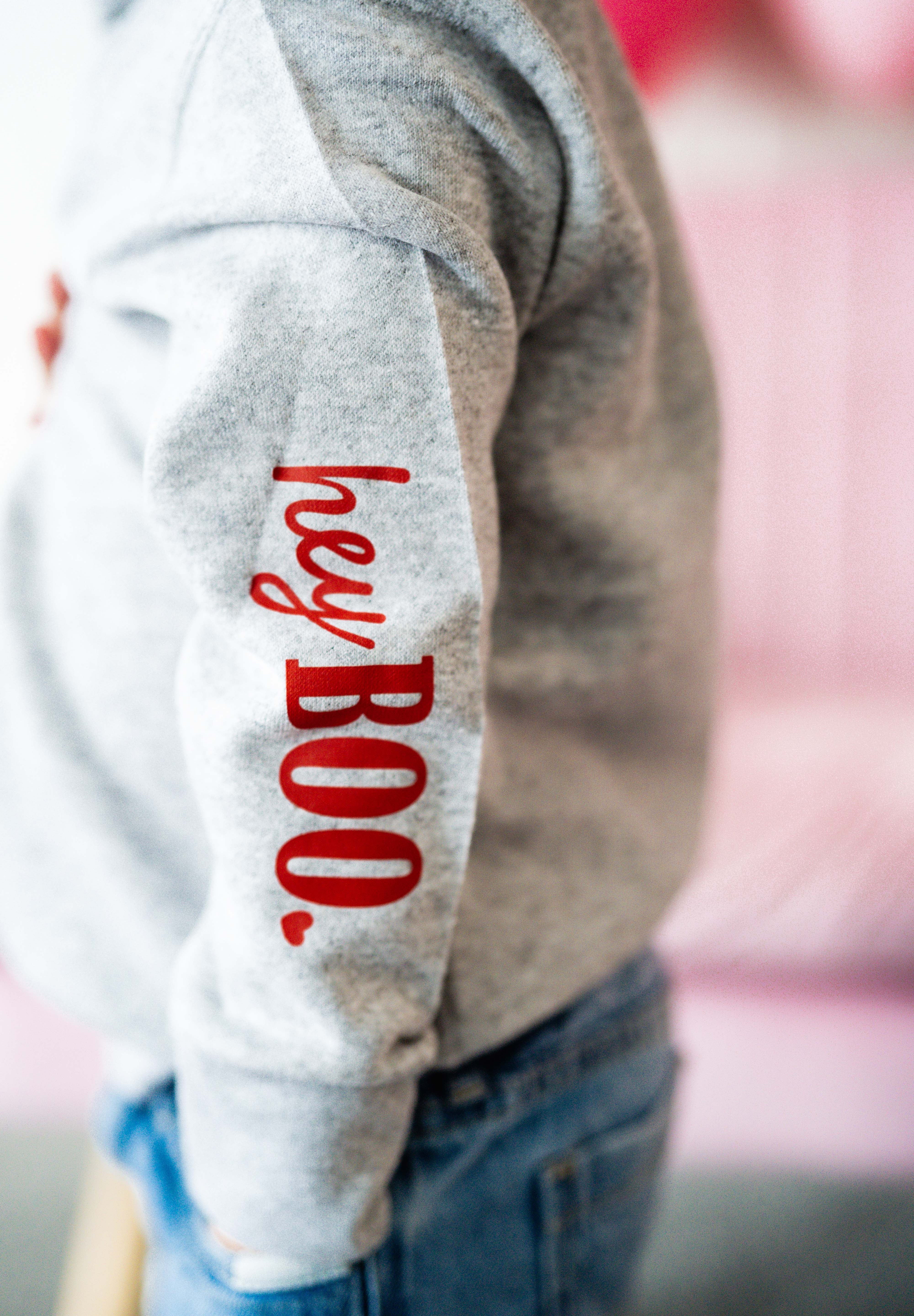 Embroidered/Printed (center&sd) - Hey Boo (Valentine Ghost) - Child Sweater Little Mama Shirt Shop