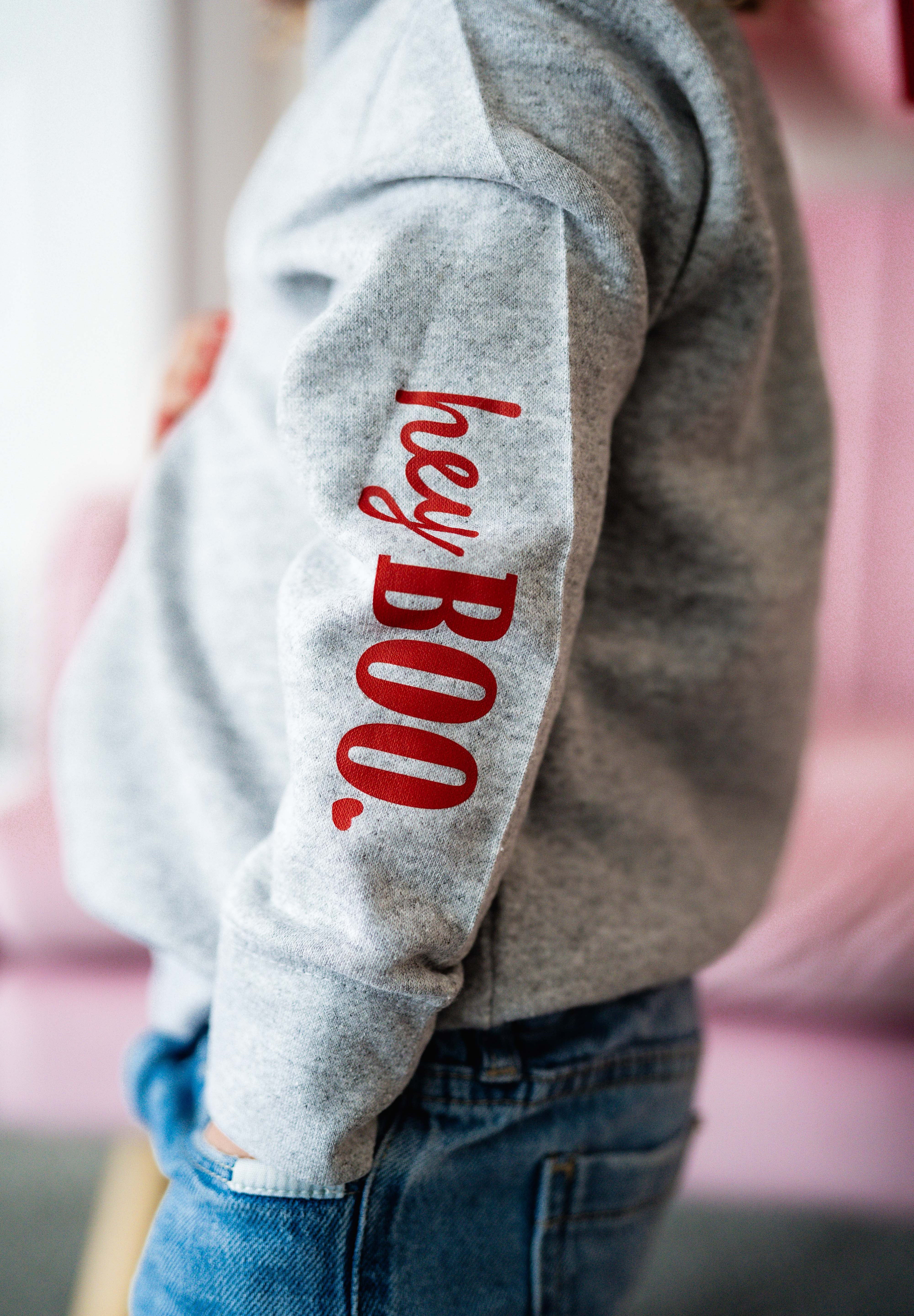 Embroidered/Printed (center&sd) - Hey Boo (Valentine Ghost) - Child Sweater Little Mama Shirt Shop