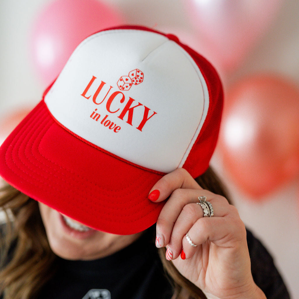 Lucky in Love - Red/White Trucker Hat Little Mama Shirt Shop
