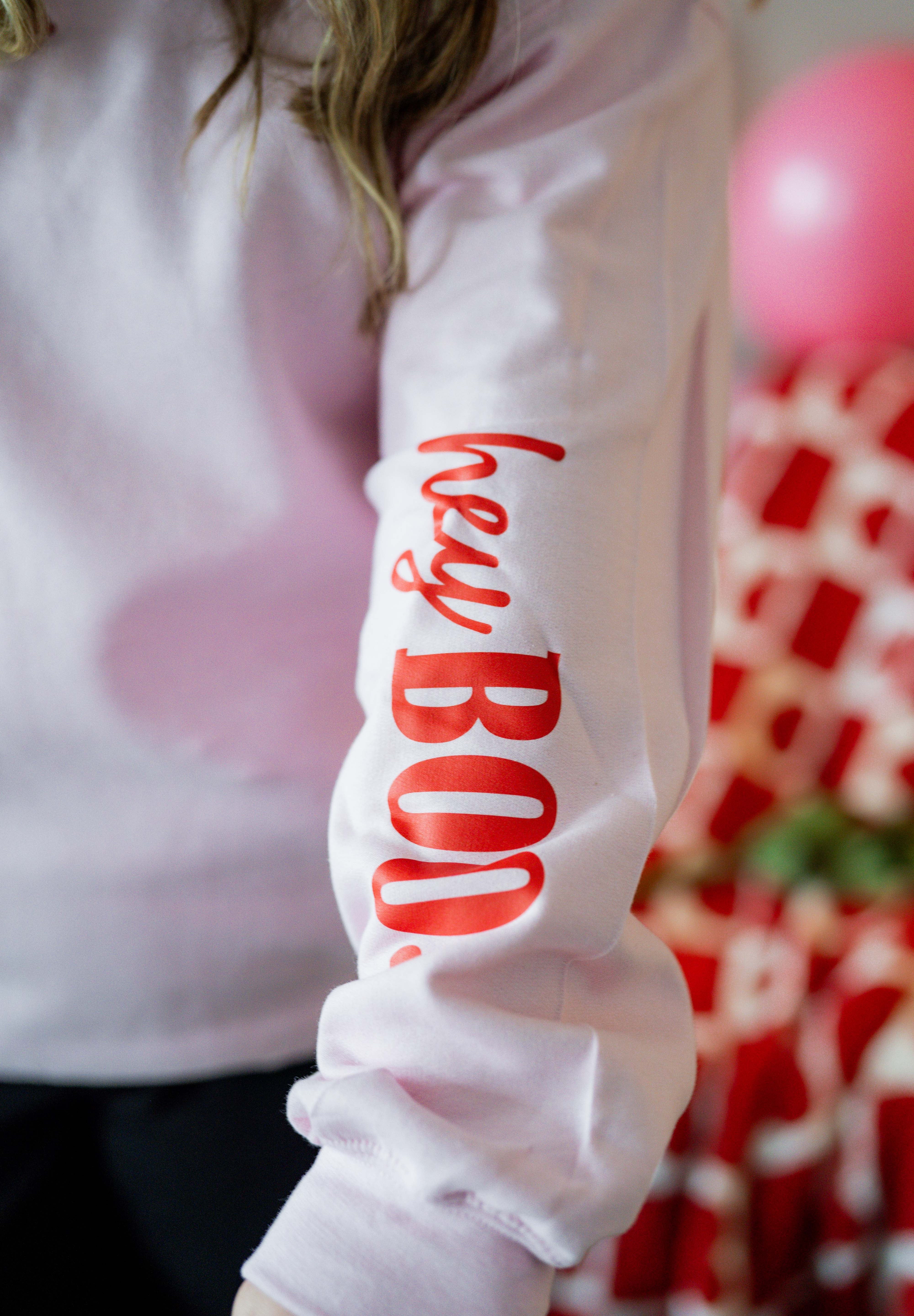 Embroidered/Printed (center&sd) - Hey Boo (Valentine Ghost) - BASIC Fleece Little Mama Shirt Shop LLC