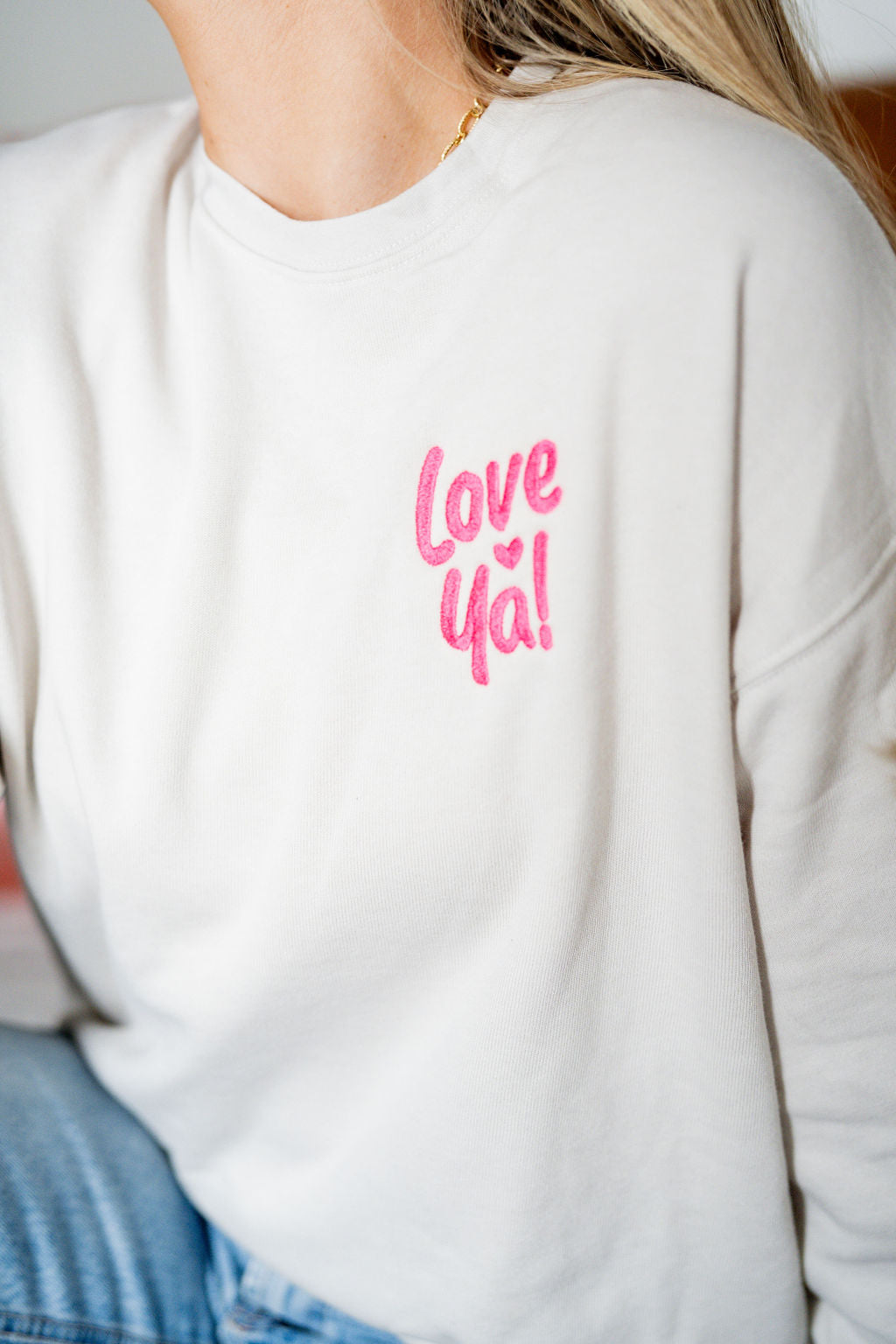 Love Ya! Guest Check - Embroidered/Printed (pf&b) - Super Soft Fleece Crewneck Little Mama Shirt Shop LLC