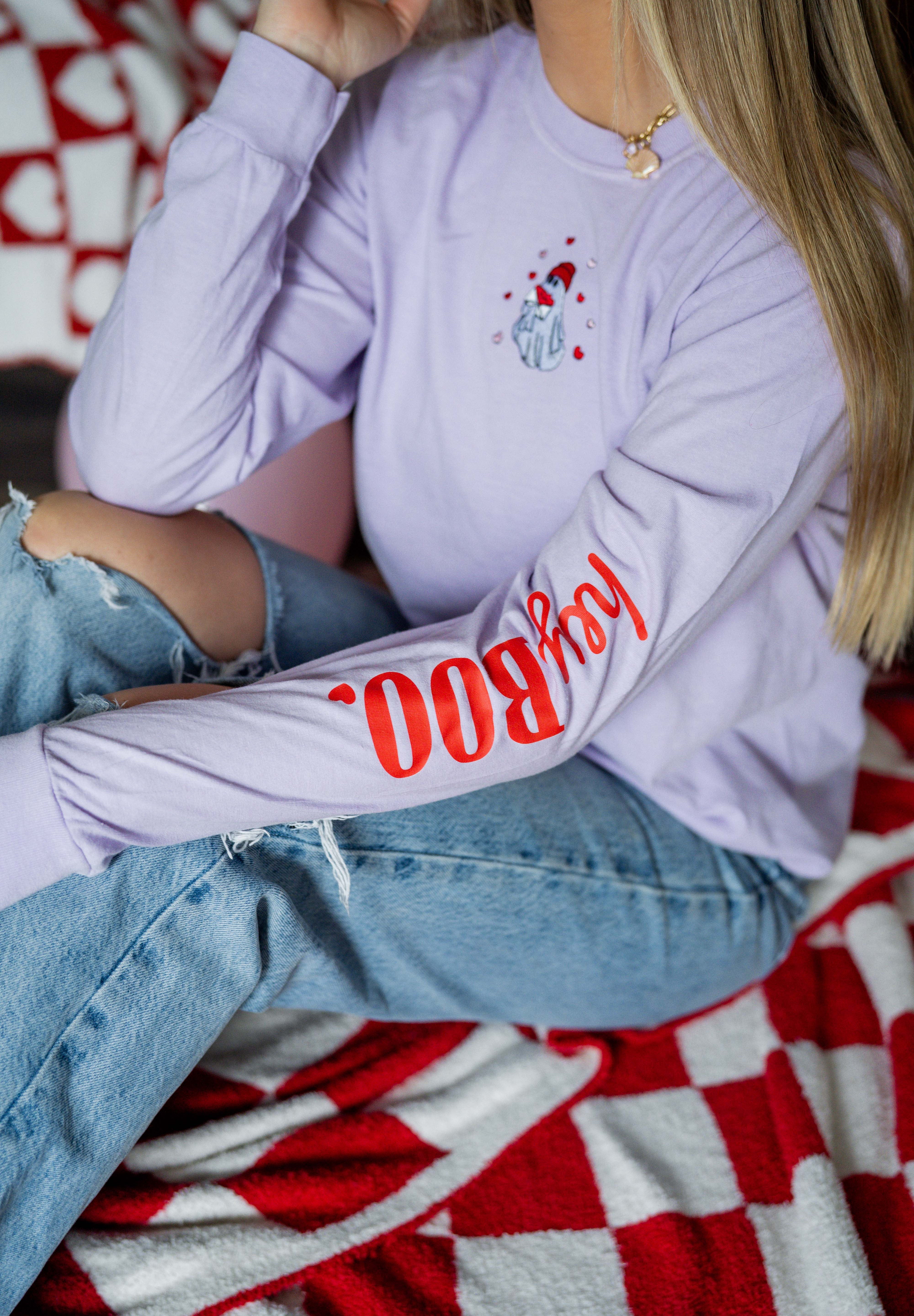 Embroidered/Printed (center&sd) - Hey Boo (Valentine Ghost) - LONG SLEEVE Comfort Colors Tee Little Mama Shirt Shop