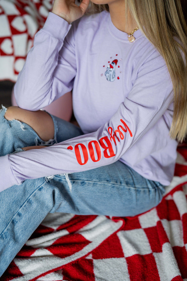 Embroidered/Printed (center&sd) - Hey Boo (Valentine Ghost) - LONG SLEEVE Comfort Colors Tee