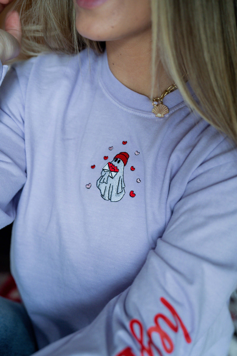 Embroidered/Printed (center&sd) - Hey Boo (Valentine Ghost) - LONG SLEEVE Comfort Colors Tee