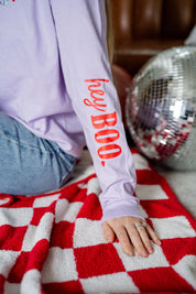 Embroidered/Printed (center&sd) - Hey Boo (Valentine Ghost) - LONG SLEEVE Comfort Colors Tee Little Mama Shirt Shop