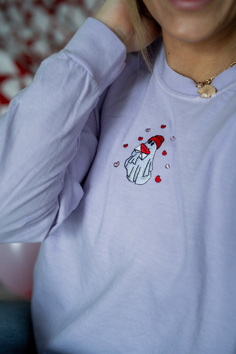 Embroidered/Printed (center&sd) - Hey Boo (Valentine Ghost) - LONG SLEEVE Comfort Colors Tee