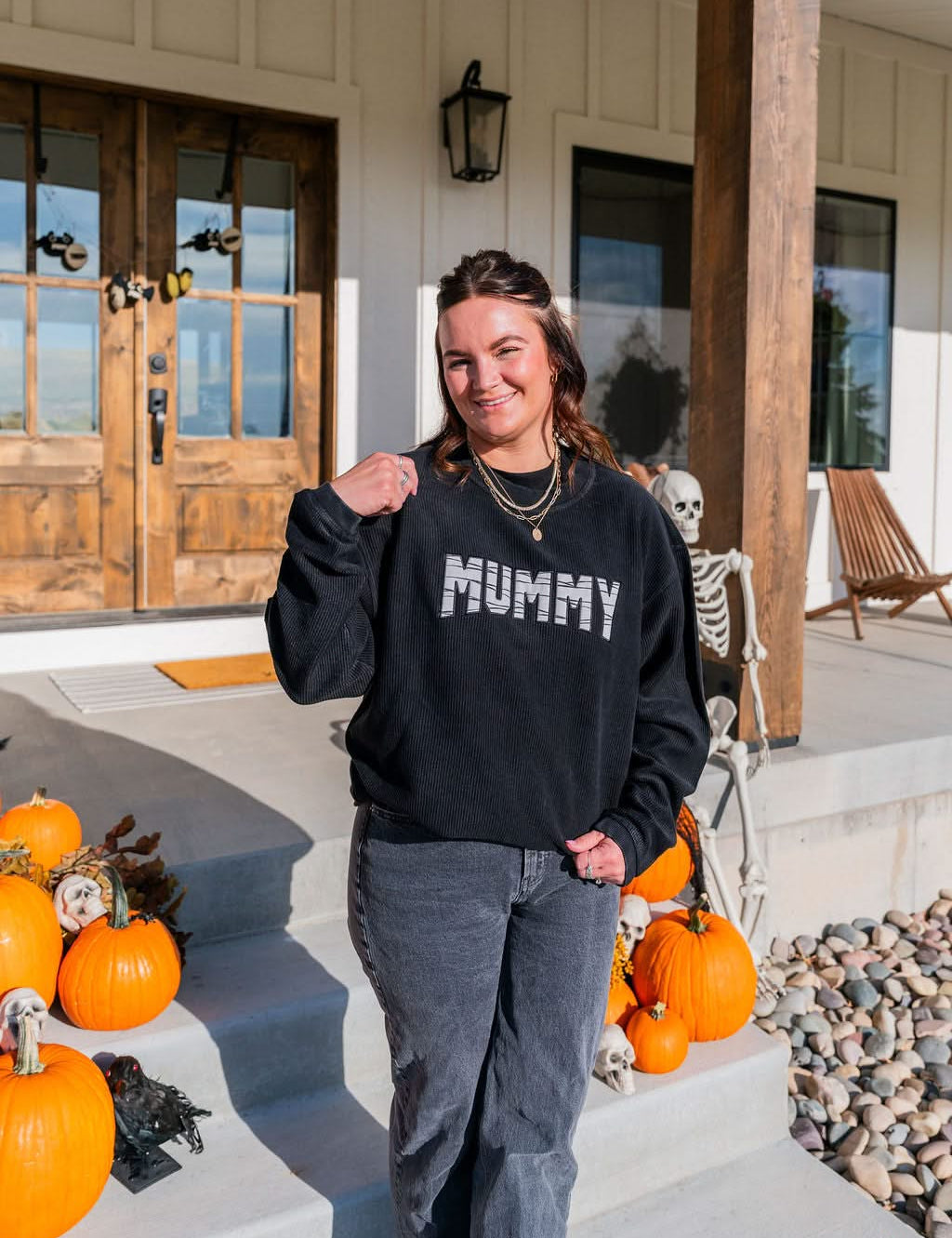 'Mummy' Halloween Black Corded Crewneck Sweatshirt | Women's Halloween Sweatshirt Little Mama Shirt Shop LLC
