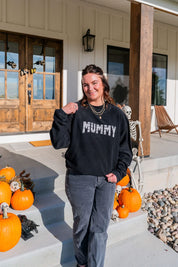 'Mummy' Halloween Black Corded Crewneck Sweatshirt | Women's Halloween Sweatshirt Little Mama Shirt Shop LLC