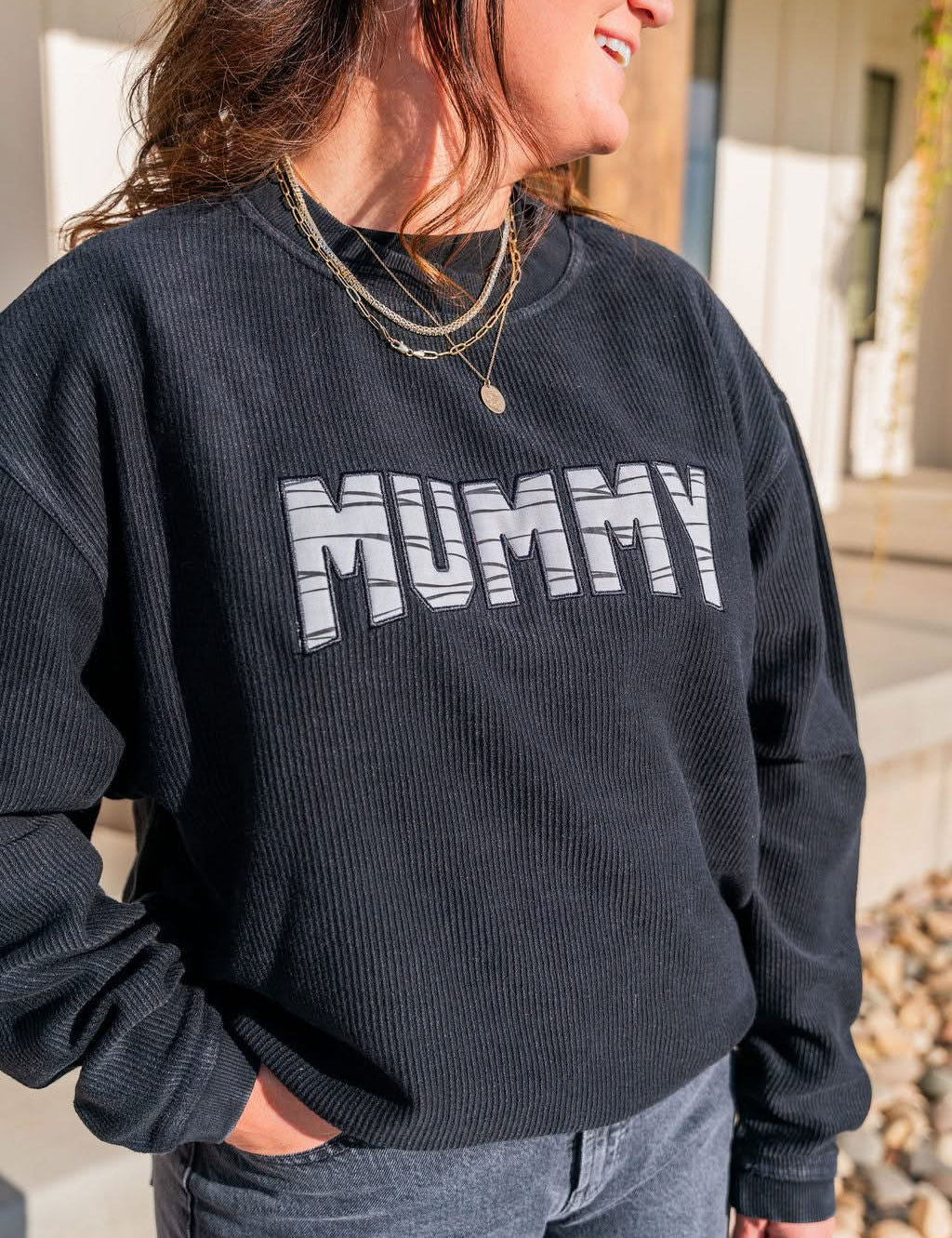 'Mummy' Halloween Black Corded Crewneck Sweatshirt | Women's Halloween Sweatshirt Little Mama Shirt Shop LLC