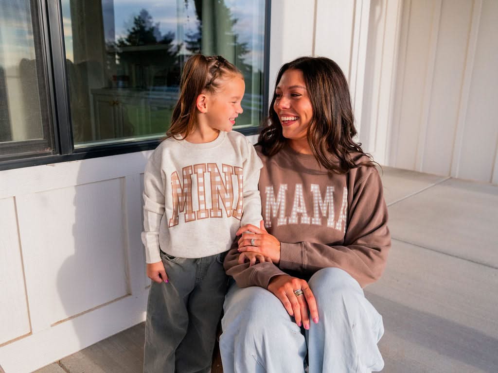 Choose Your Mom Name - Brown Gingham Print - Pigment Crewneck Sweatshirt | Little Mama Shirt Shop Little Mama Shirt Shop LLC