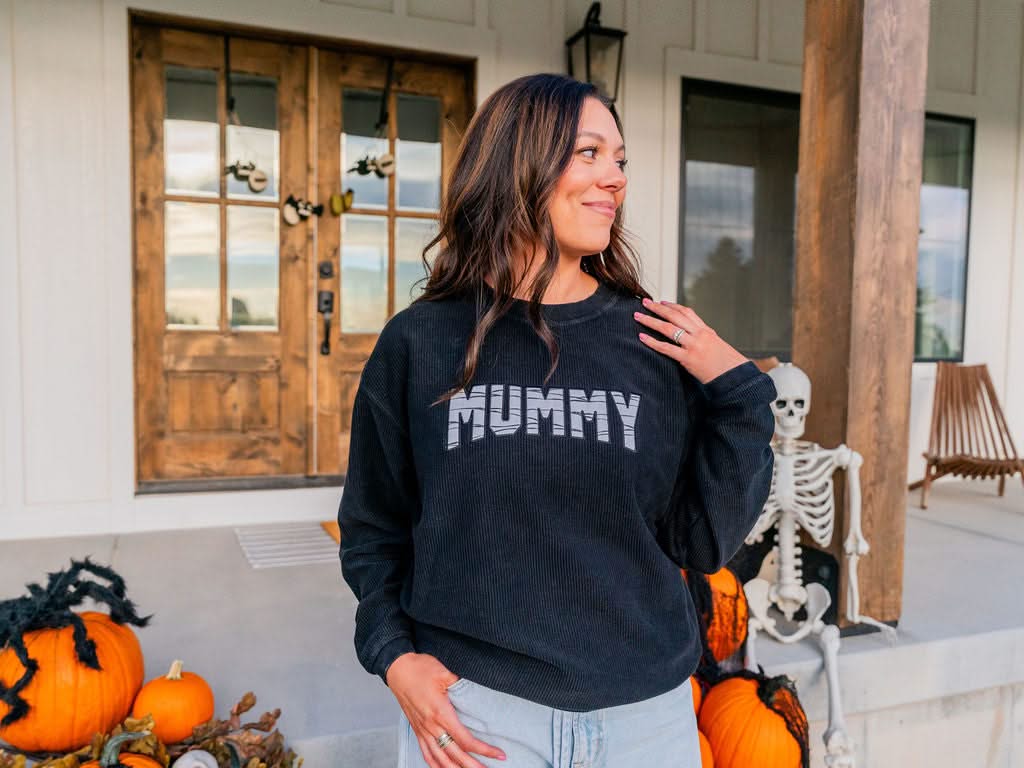 'Mummy' Halloween Black Corded Crewneck Sweatshirt | Women's Halloween Sweatshirt Little Mama Shirt Shop LLC
