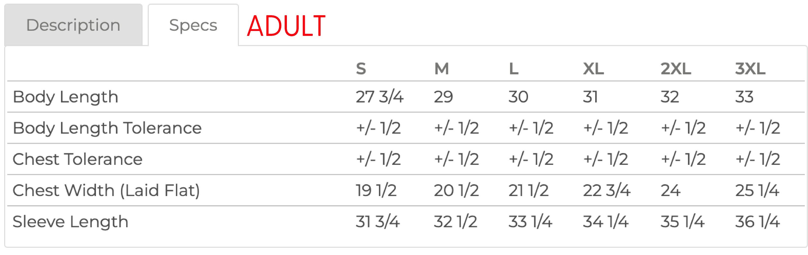 Size chart for adult sweater in sizes S to 3XL with measurements in inches - Little Mama Shirt Shop