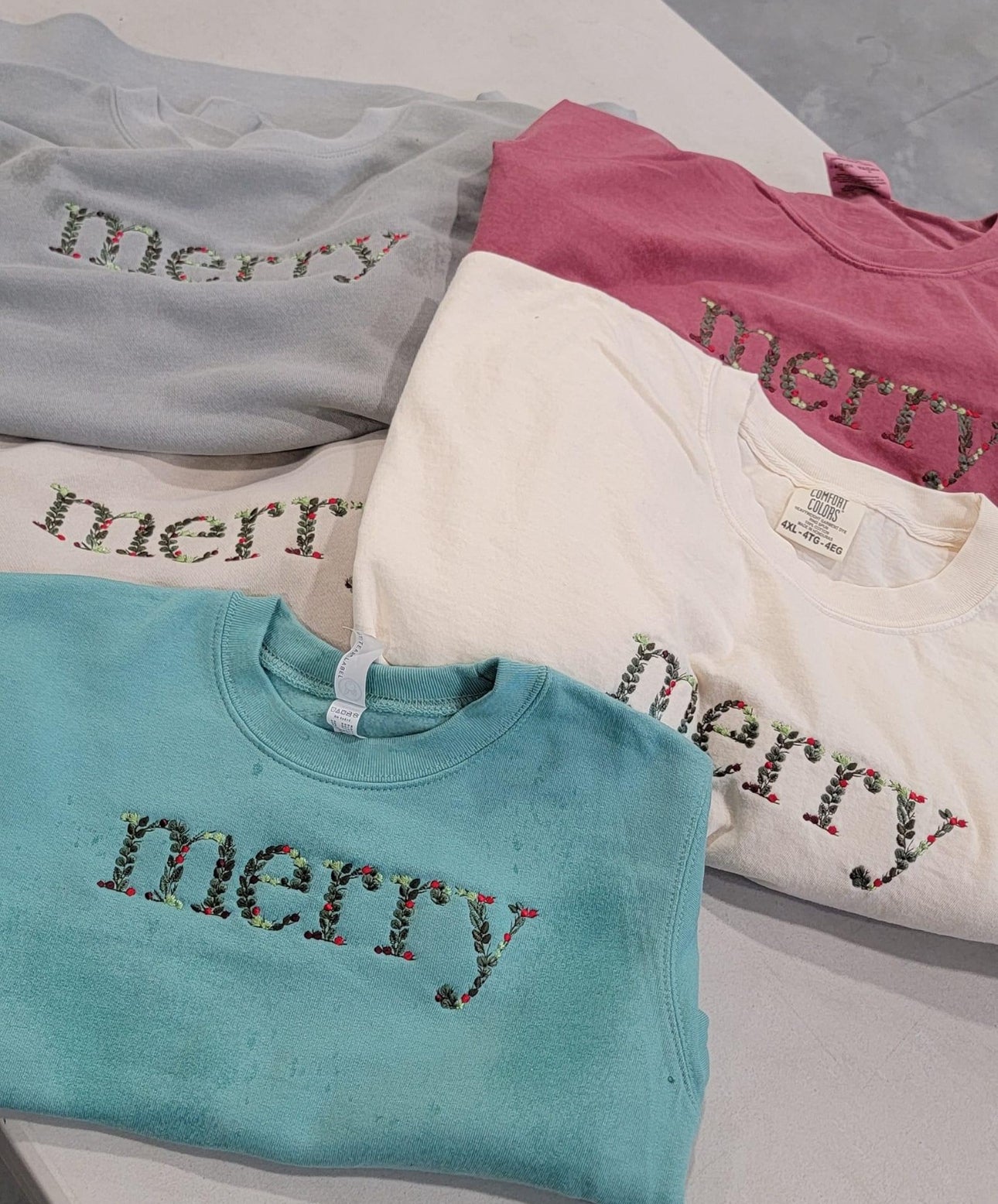 Embroidered Floral Merry - LONG SLEEVE Comfort Colors Tee Little Mama Shirt Shop