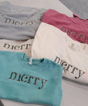 Embroidered Floral Merry - LONG SLEEVE Comfort Colors Tee Little Mama Shirt Shop