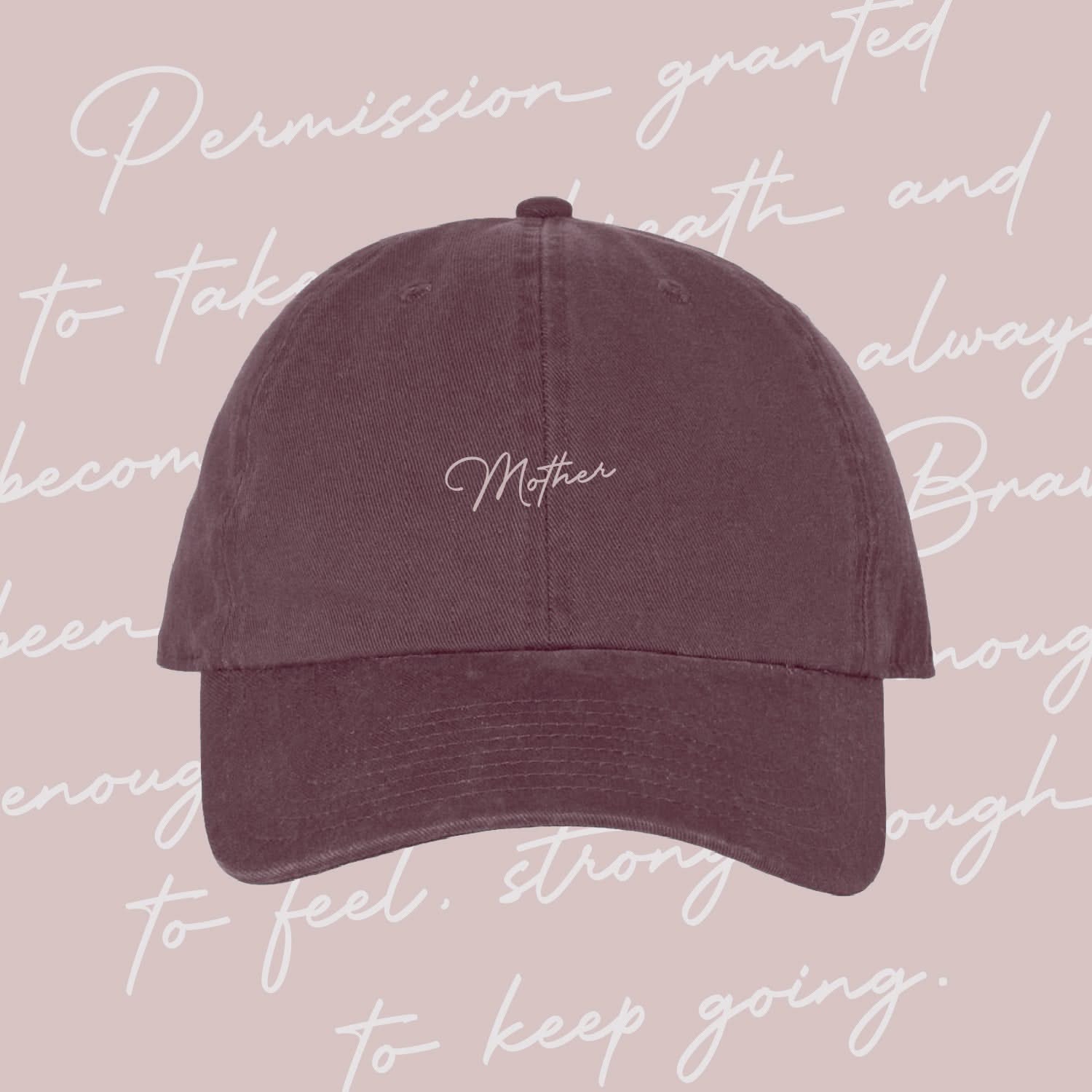 Maroon hat with cream embroidery "Mother", seen on flat lay - Little Mama Shirt Shop