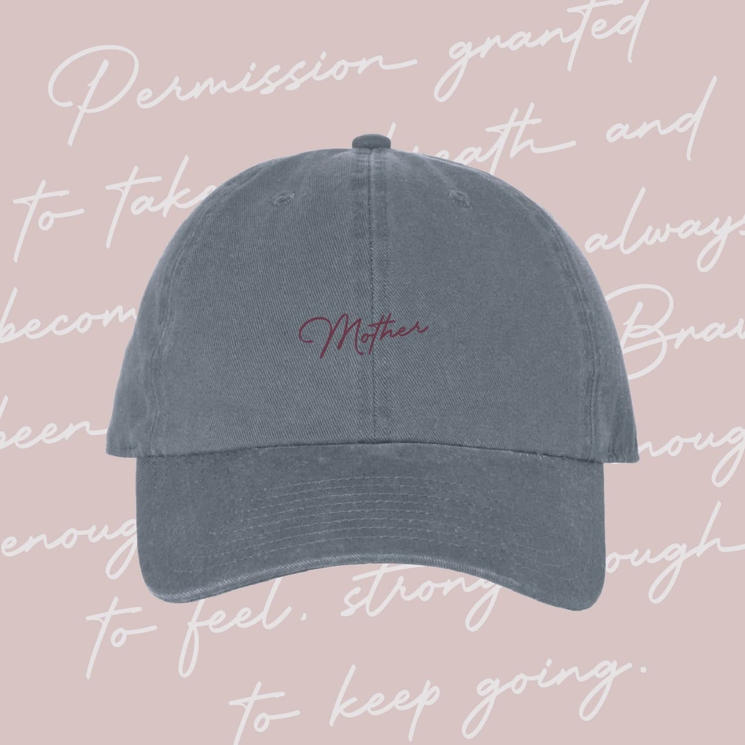 Gray hat with maroon with cream embroidery "Mother", seen on flat lay - Little Mama Shirt Shop