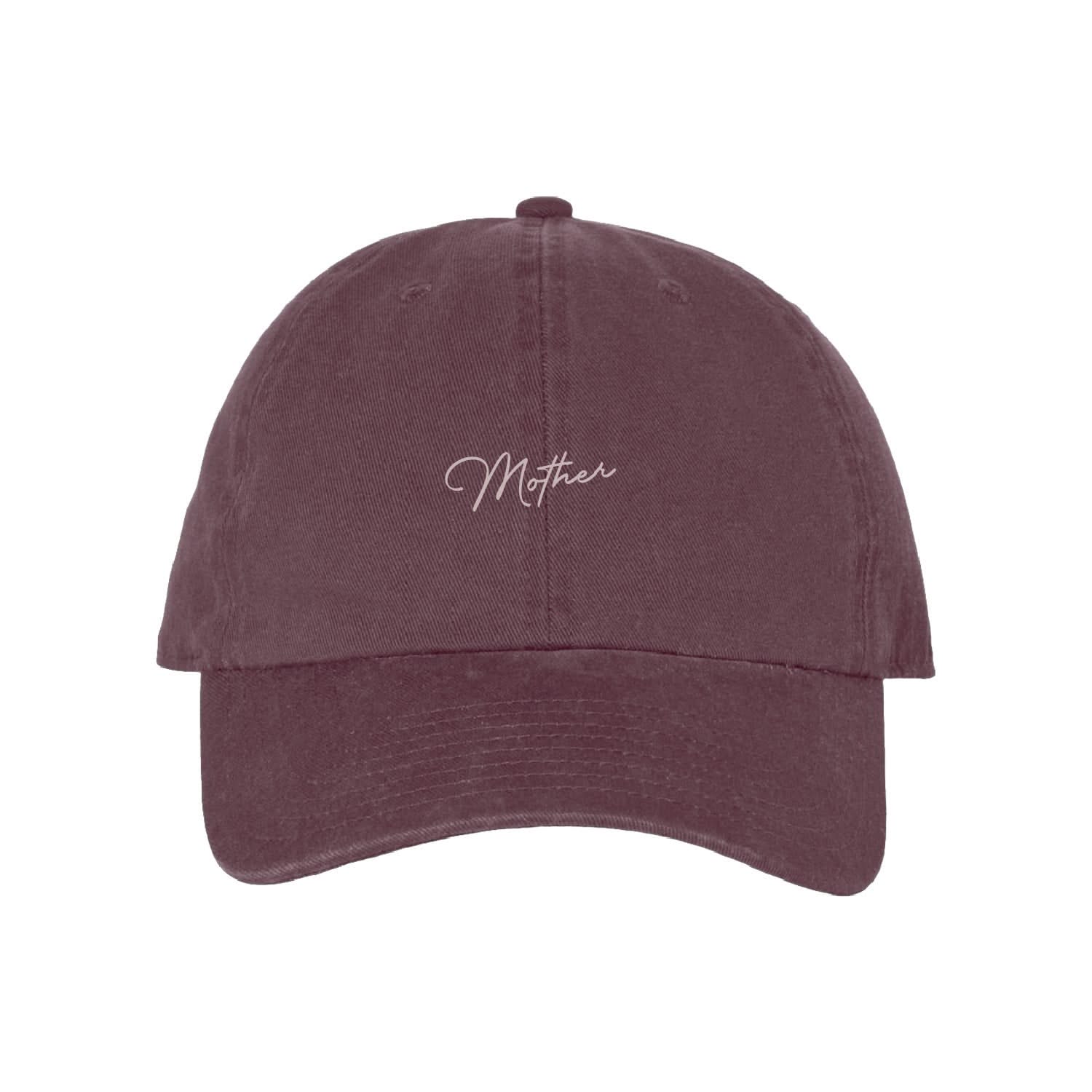 Maroon hat with cream embroidery "Mother", seen on flat lay - Little Mama Shirt Shop