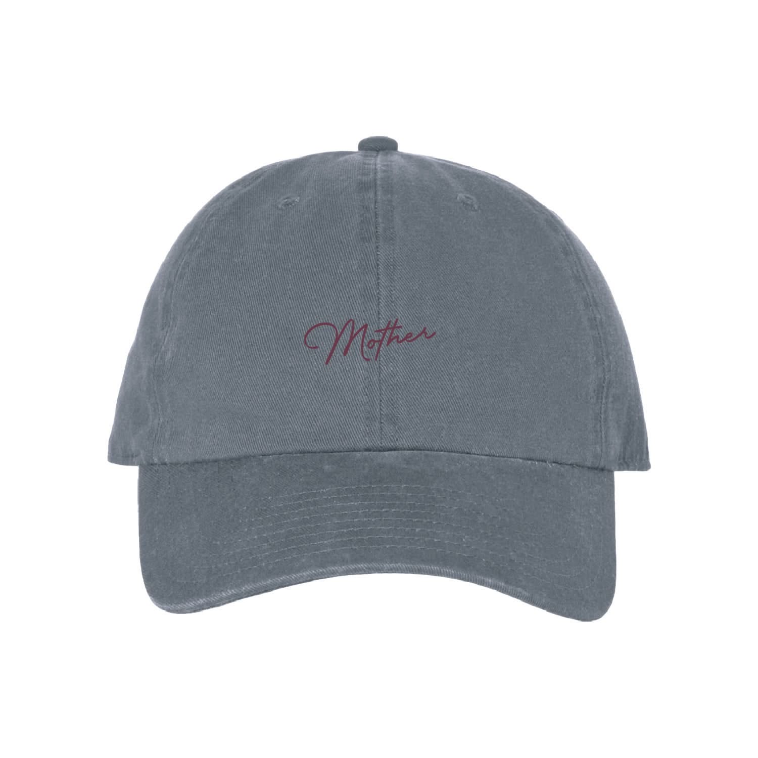 Gray hat with maroon embroidery "Mother", seen on flat lay - Little Mama Shirt Shop