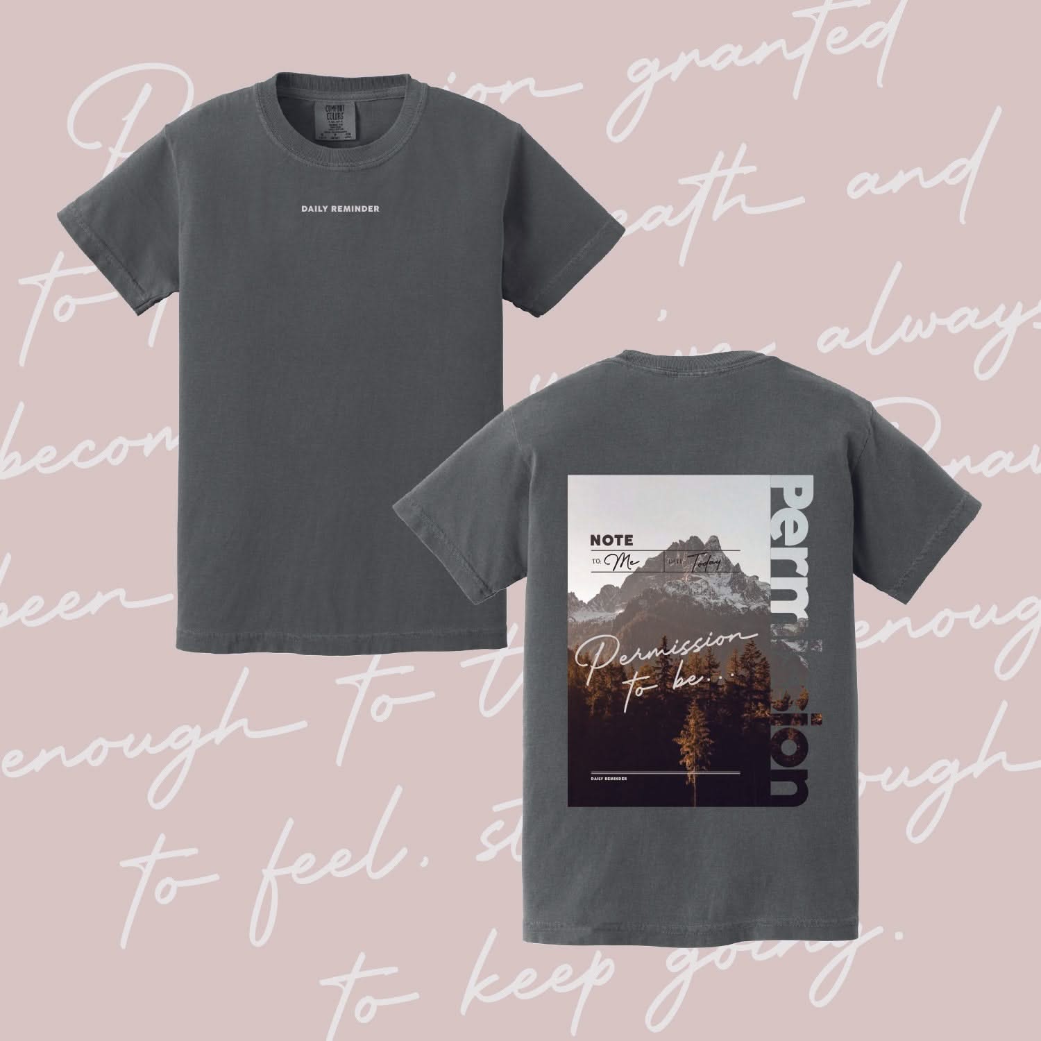 Pepper child comfort colors tee with permission to be mountain graphic on back and 'daily reminder' printed on front, seen on flat lay - Little Mama Shirt Shop