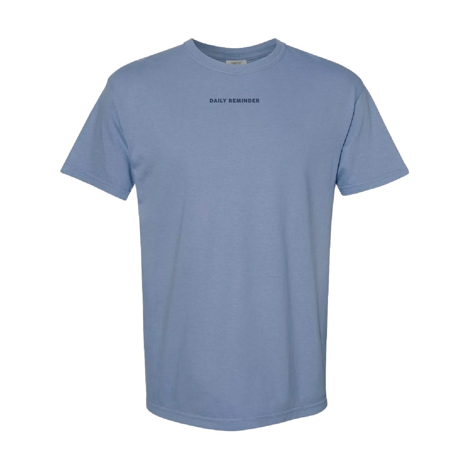 Washed denim comfort colors tee with 'daily reminder' printed on front, seen on flat lay - Little Mama Shirt Shop