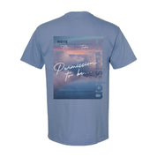 Washed denim comfort colors tee with permission to be cloud graphic on back, seen on flat lay - Little Mama Shirt Shop