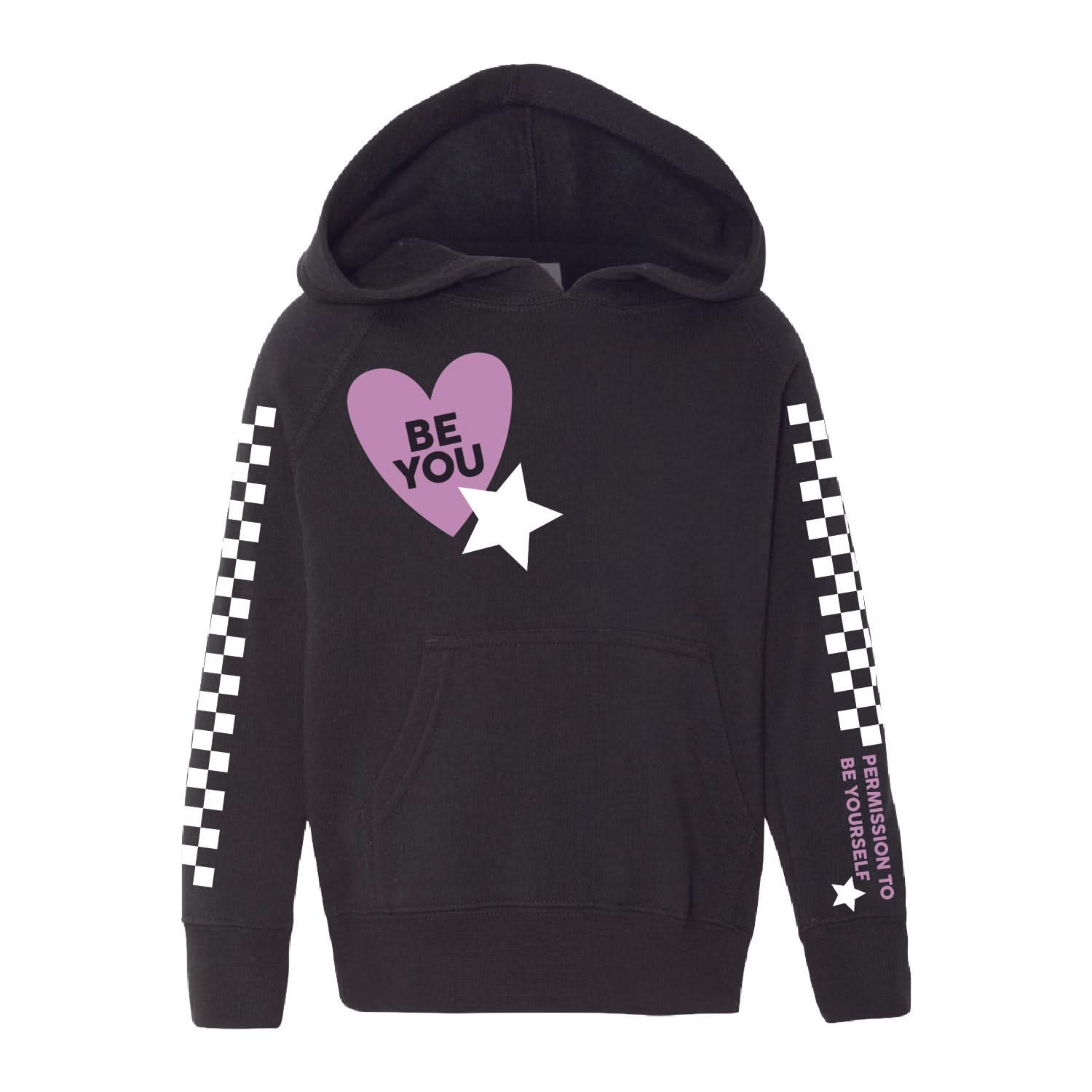 Child black sweater with checkers pattern on arm and Purple Heart with 'be you' in it flanked by a white star, seen on flat lay - Little Mama Shirt Shop
