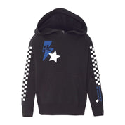 Child black sweater with checkers pattern on arm and blue lightning bolt with 'be you' in it flanked by a white star, seen on flat lay - Little Mama Shirt Shop