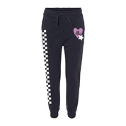Child black joggers with checkers pattern on leg, and Purple Heart with 'be you' in it flanked by a white star, seen on flat lay - Little Mama Shirt Shop