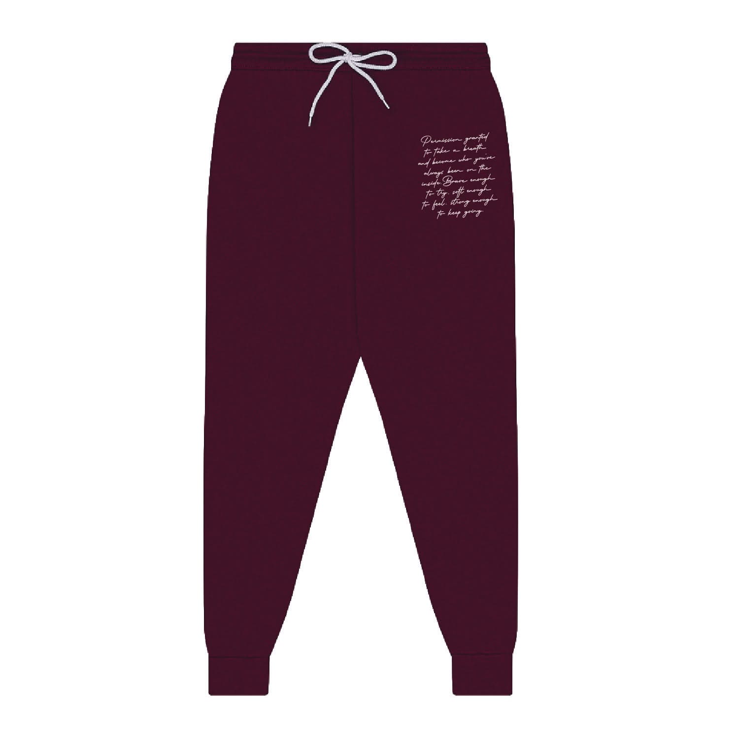 Maroon joggers with permission to be paragraph printed on leg, shown on flat lay - Little Mama Shirt Shop