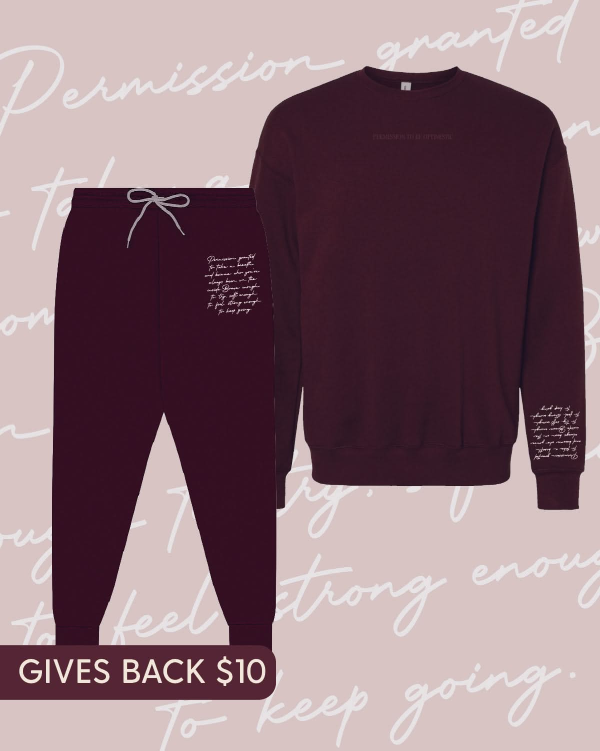 Maroon crewneck with "Permission To Be Optimistic" on chest and permission to be paragraph printed on sleeve and maroon joggers with paragraph printed on leg, shown on flat lay - Little Mama Shirt Shop