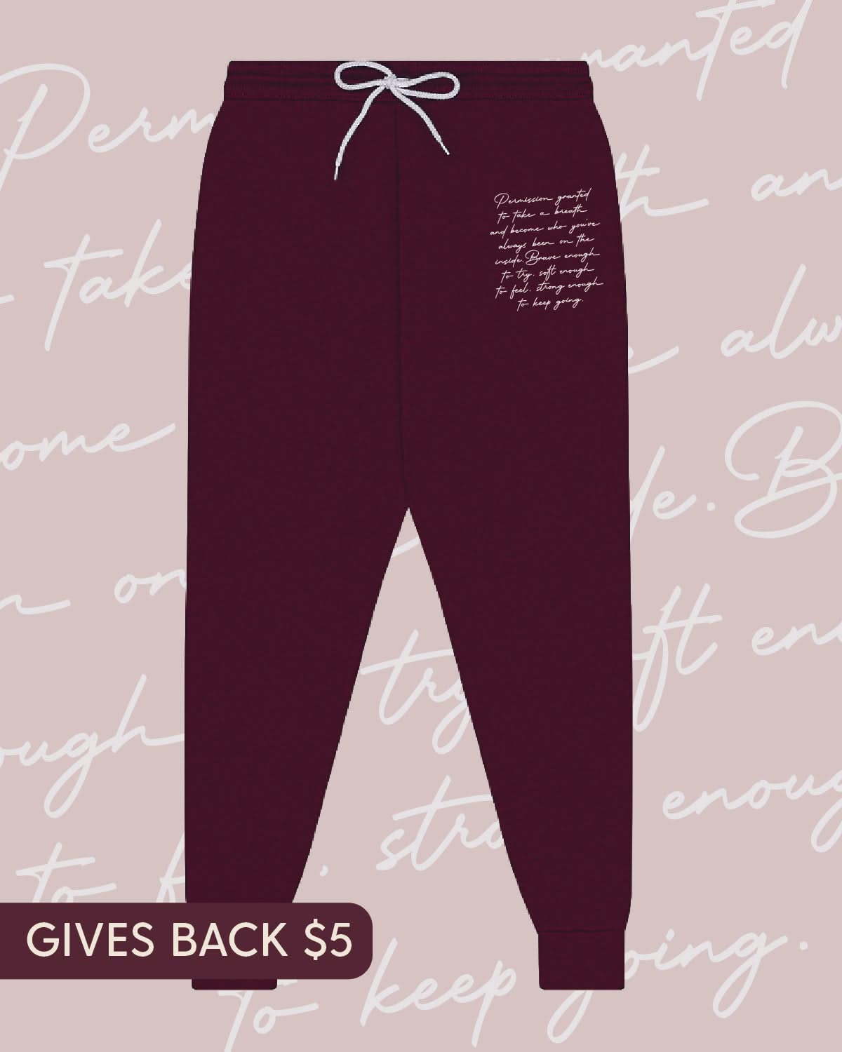 Maroon joggers with permission to be paragraph printed on leg, shown on flat lay - Little Mama Shirt Shop