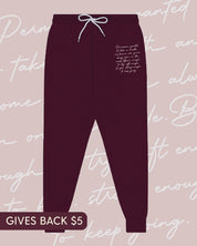 Maroon joggers with permission to be paragraph printed on leg, shown on flat lay - Little Mama Shirt Shop