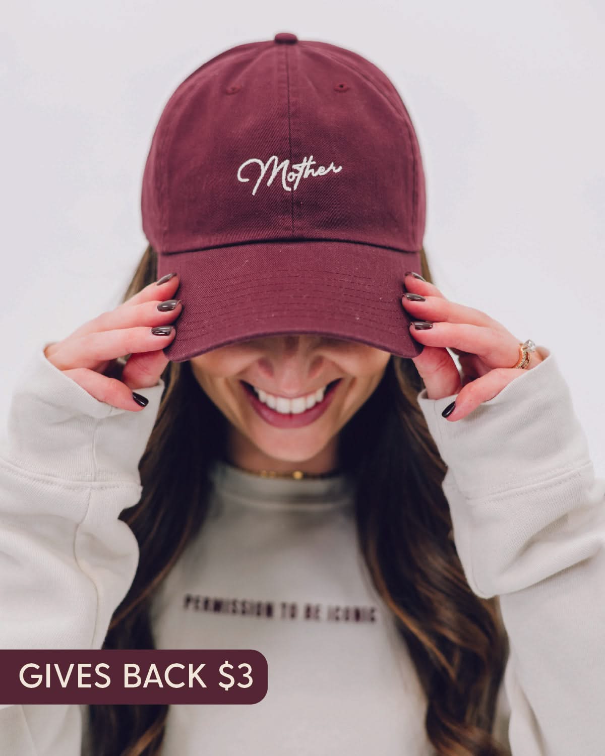 Maroon hat with cream embroidery "Mother", seen on model - Little Mama Shirt Shop