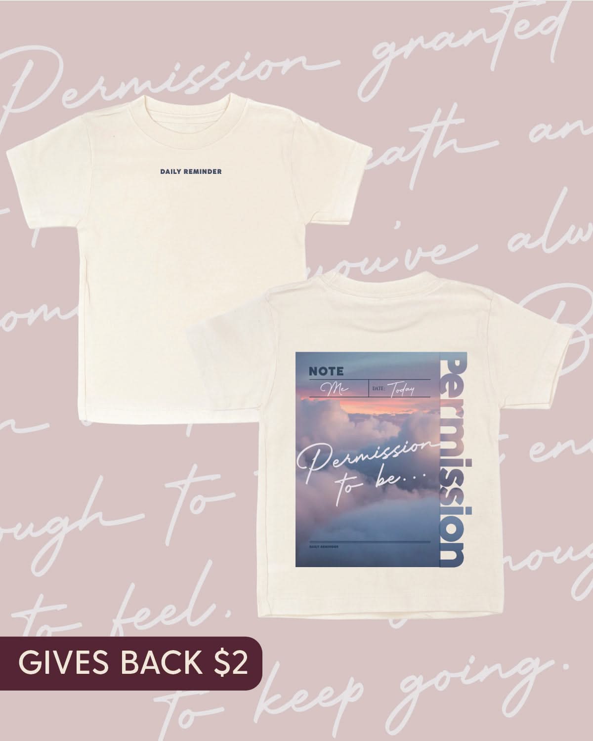 Natural child tee with permission to be cloud graphic on back and 'daily reminder' printed on front, seen on flat lay - Little Mama Shirt Shop