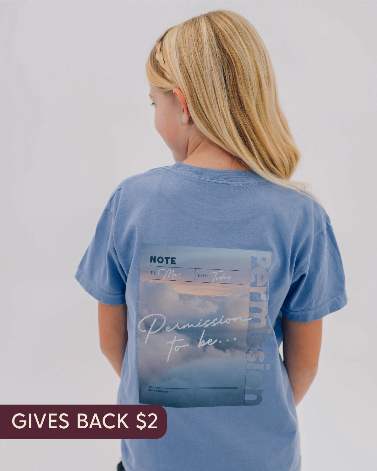 Washed denim comfort colors tee with permission to be cloud graphic on back, seen on model - Little Mama Shirt Shop