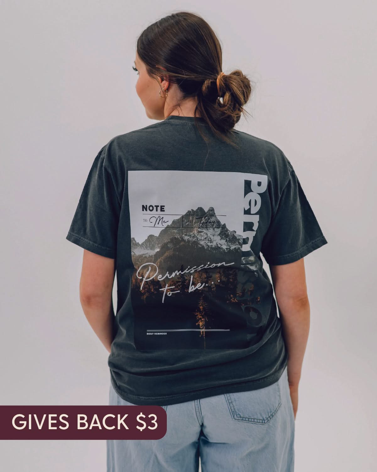 Pepper comfort colors tee with permission to be mountain graphic on back, seen on model - Little Mama Shirt Shop