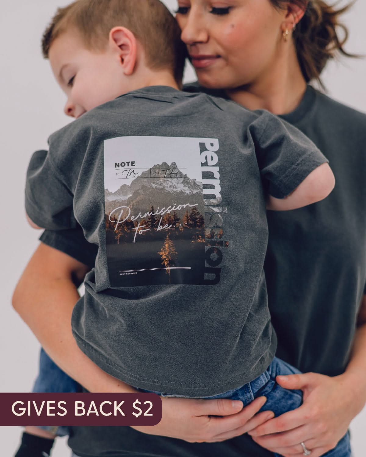 Pepper child comfort colors tee with permission to be mountain graphic on back, seen on model - Little Mama Shirt Shop