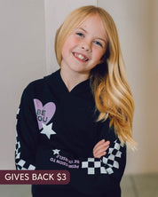 Child black sweater with checkers pattern on arm, and Purple Heart with 'be you' in it flanked by a white star, seen on model - Little Mama Shirt Shop