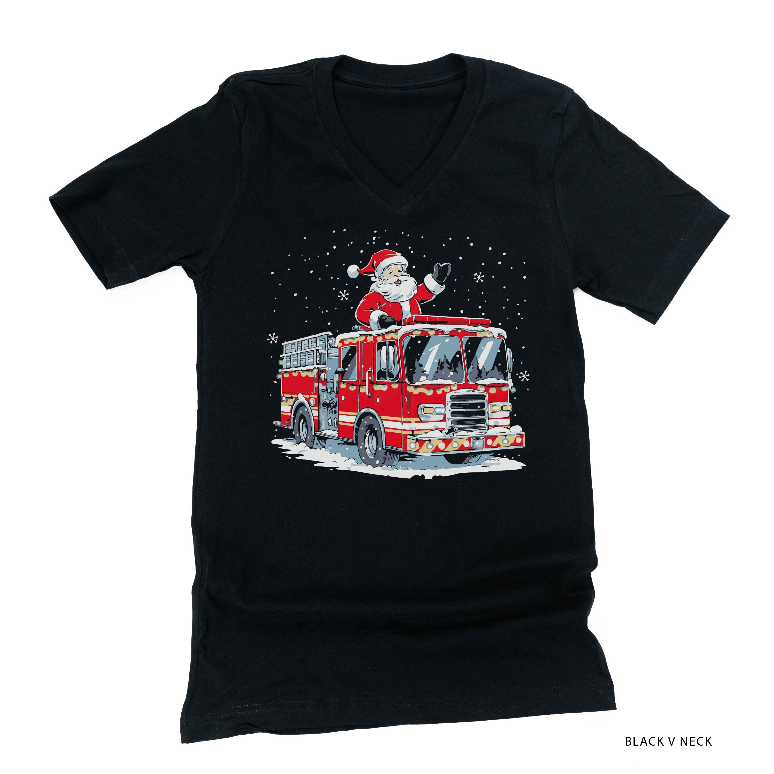 Firetruck Santa - Black Unisex Tee Little Mama Shirt Shop