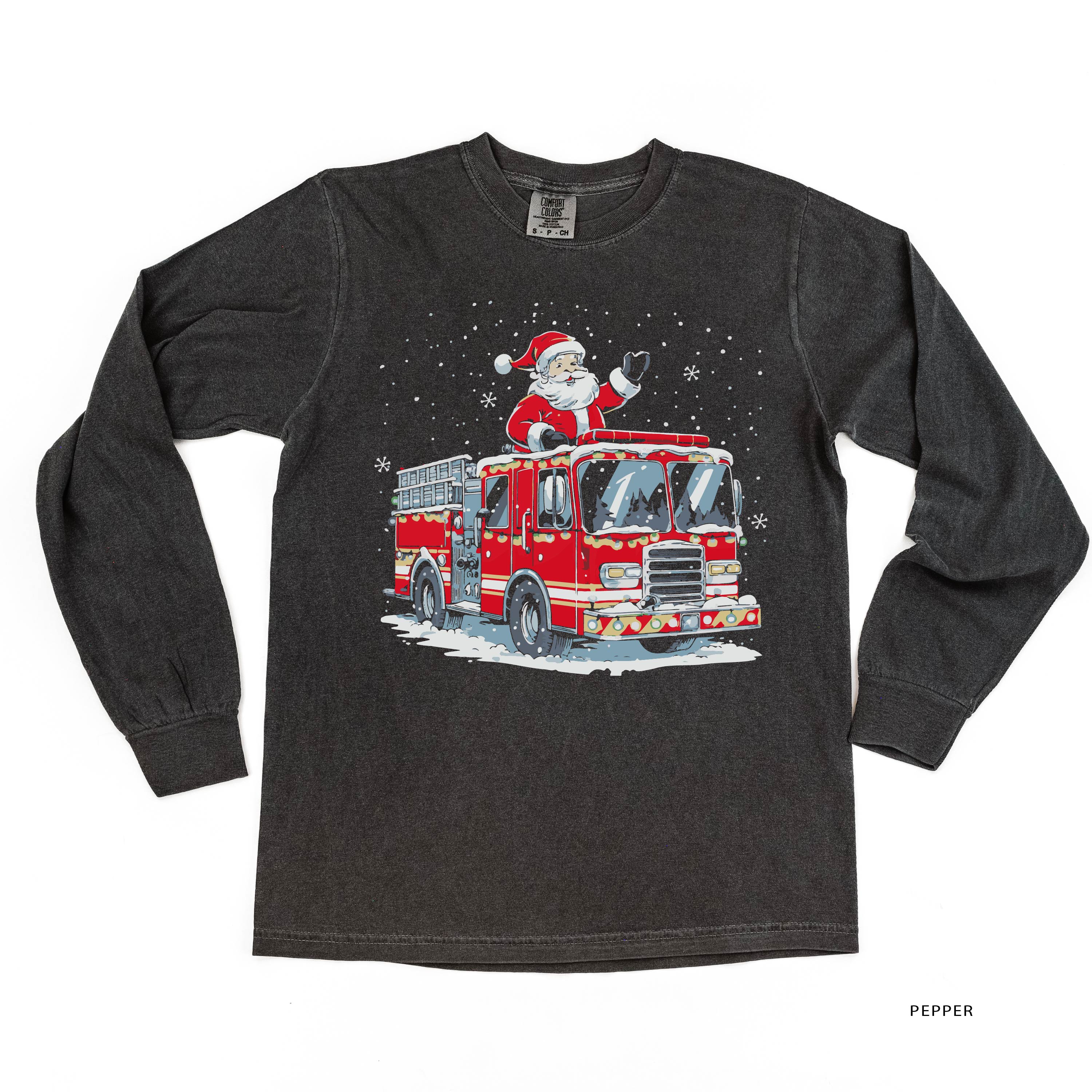 Firetruck Santa - LONG SLEEVE Comfort Colors Tee Little Mama Shirt Shop