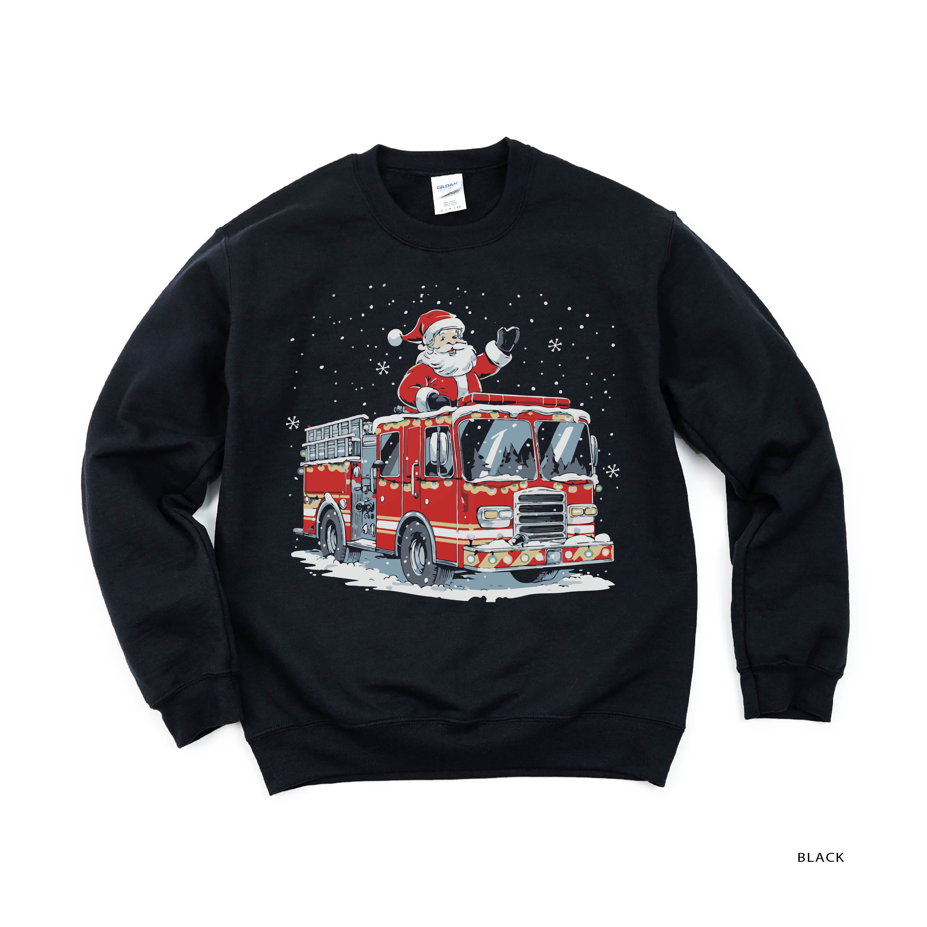 Firetruck Santa - Black BASIC Fleece Little Mama Shirt Shop LLC