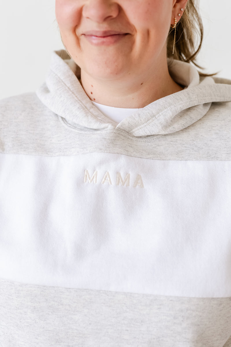 Colorblock Hoodie - Oatmeal + White  - Embroidered MAMA (Cream Thread)