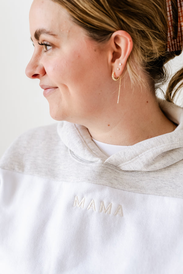 Colorblock Hoodie - Oatmeal + White  - Embroidered MAMA (Cream Thread)