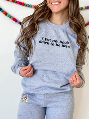 Embroidered Basic Fleece Crewneck - I PUT MY BOOK DOWN TO BE HERE Little Mama Shirt Shop LLC