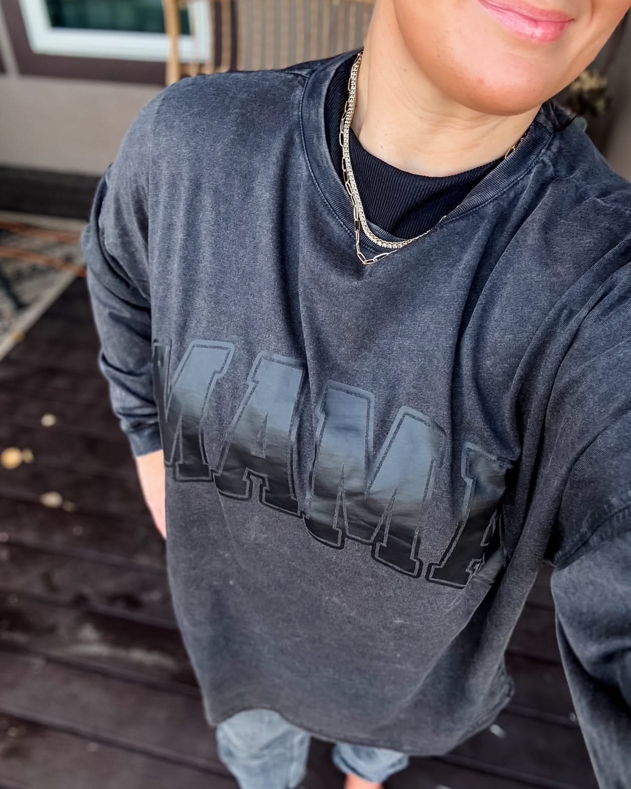 Oversized Big Tee with “MAMA” graphic in black on model - Little Mama Shirt Shop